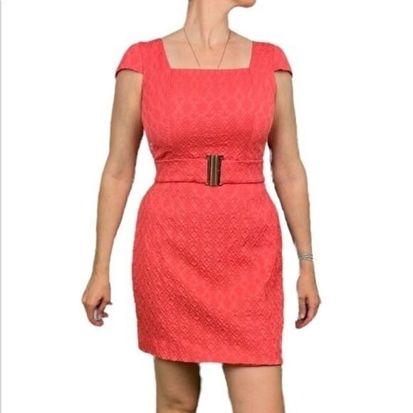 Kay Unger Deep Coral Textured Gold Belted Dress - Picture 2 of 16